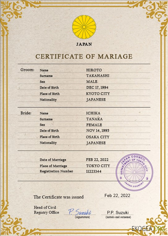 Modèle PSD de certificat de mariage au Japon